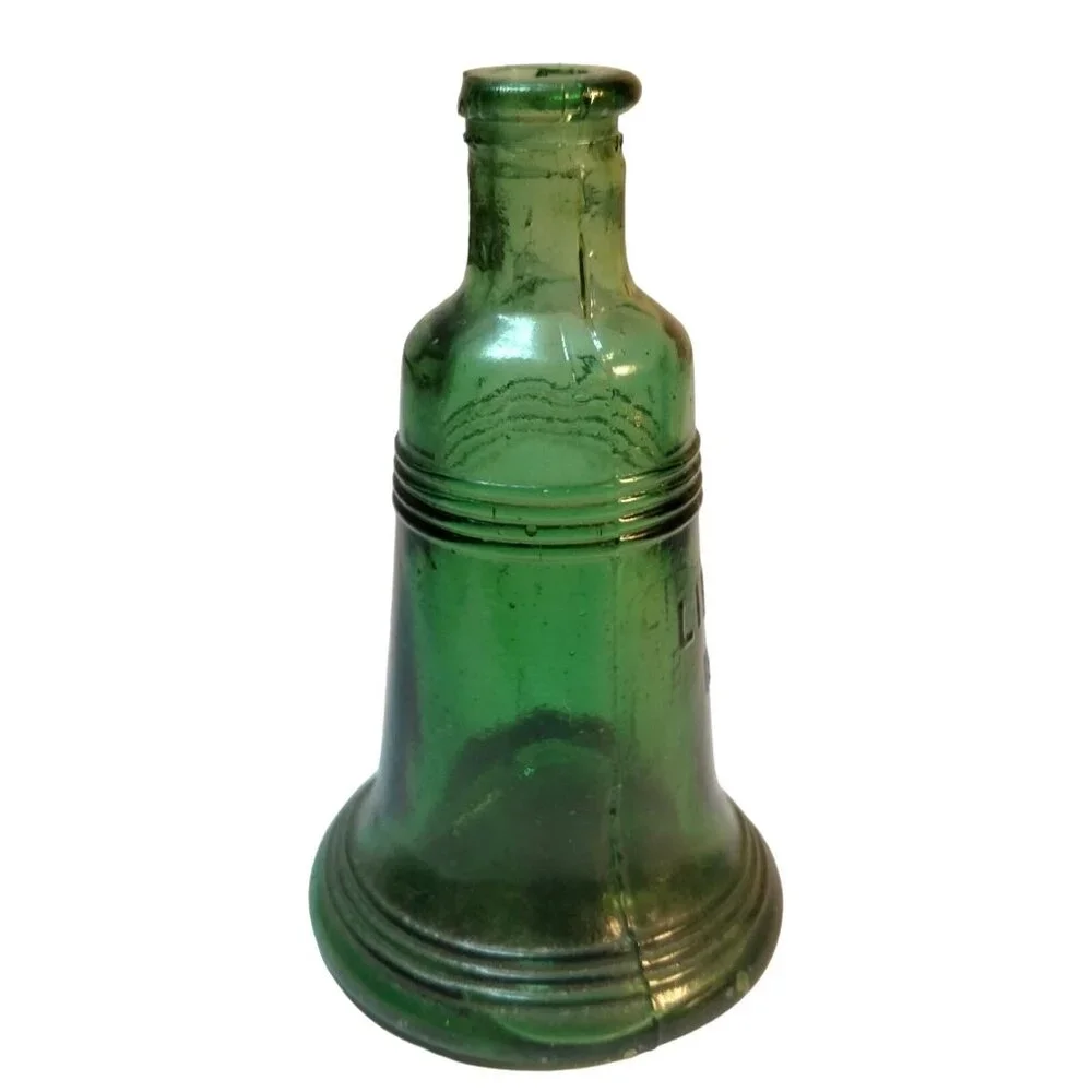 Green Glass Liberty Bell Bottle Miniature 3 Inch